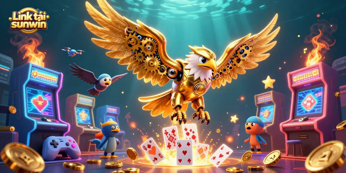 Engage in excitement with Link tải sunwin, showcasing a vibrant online gaming scene with gold and holographic elements.