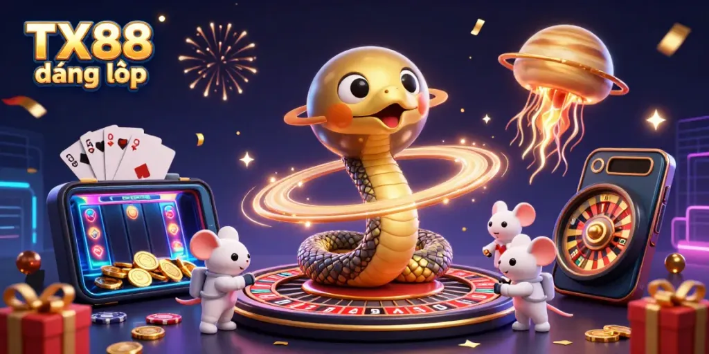 Experience the cosmic thrill of TX88 đăng nhập with tiny astronaut mice betting on Saturn's ring roulette, enriched with vibrant gaming elements.