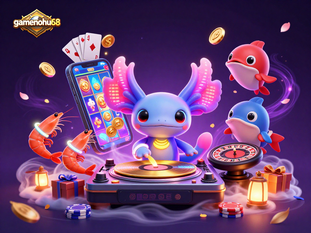 Experience immersive gaming adventures with gamenohu68's playful characters in a colorful casino scene.