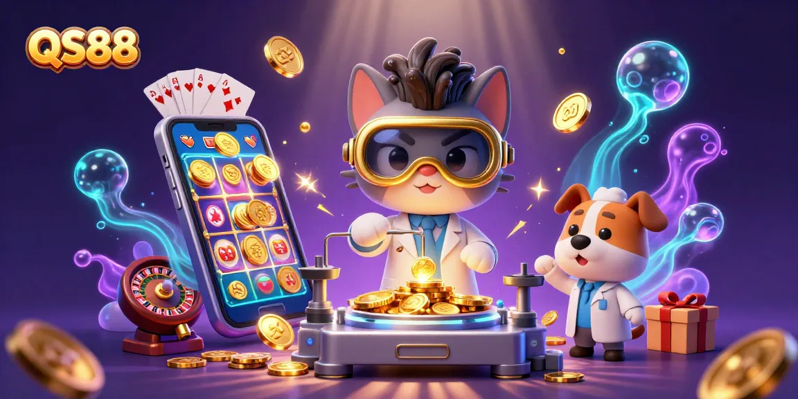 Spin slot games with QS88's mad scientist cat and golden coins erupting for big wins!