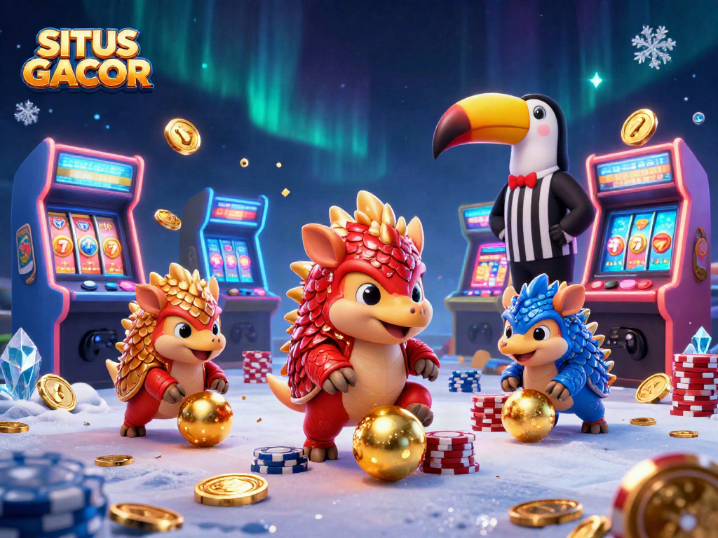 SITUS GACOR showcases rival pangolins bowling golden balls through poker chips in a vibrant arcade.