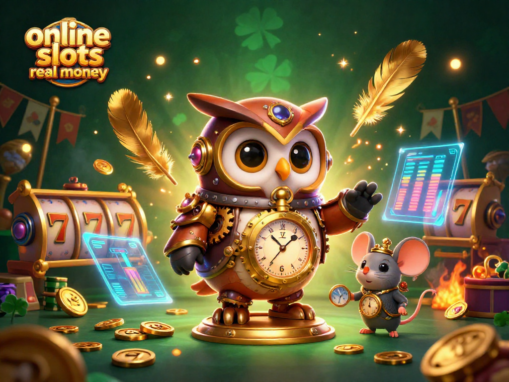Experience online slots real money excitement with a steampunk owl and dynamic casino elements.