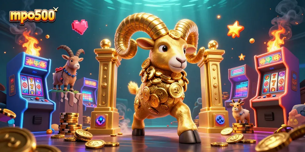 Experience the thrill of mpo500 with a dynamic 3D scene featuring a golden ram and casino elements.
