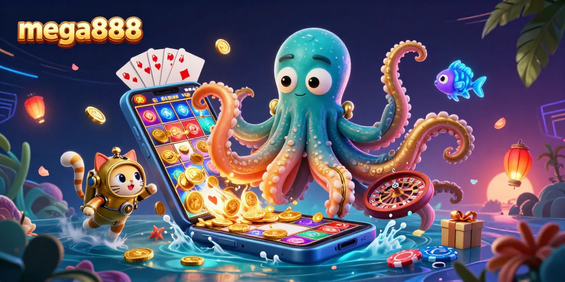 Spin the reels and win big with mega888 in this vibrant 3D casino illustration!