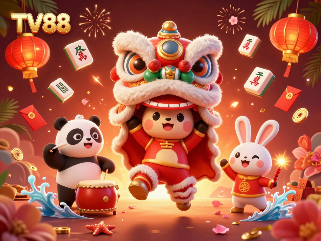 Engage in exciting games at TV88, featuring vibrant characters and festive decorations amidst a lively casino scene.