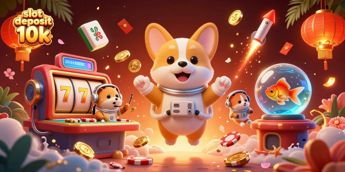 Engaging slot deposit 10k scene with a floating astronaut corgi and vibrant casino elements for an exciting gaming experience.
