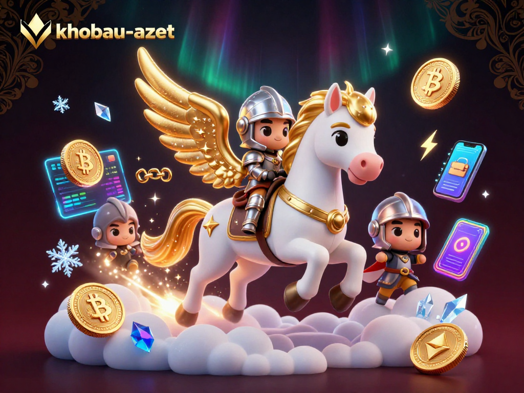 Experience the thrill of khobau-aztec with a cute knight and celestial horse amidst cryptocurrency elements.