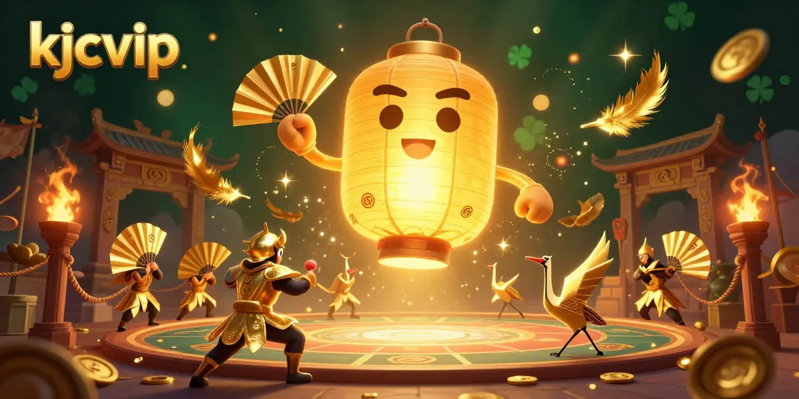 Experience exciting gaming at kjcvip with a captivating 3D lantern spirit and warriors amid vibrant casino elements.