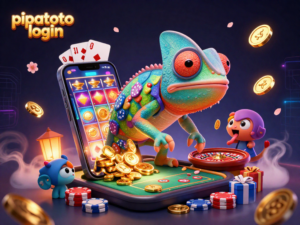 Pipatoto login showcases a vibrant casino scene with a colorful chameleon, overflowing slot game visuals, and golden coins.