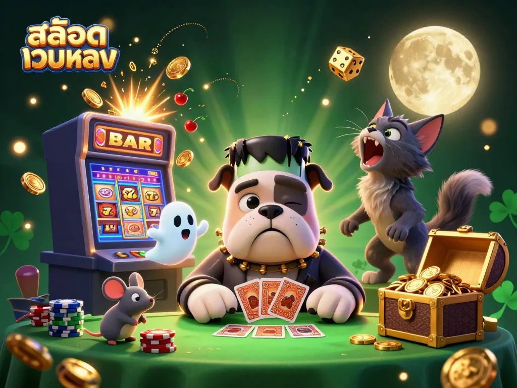 Experience thrilling gameplay at สล็อตเว็บตรง with a dynamic scene featuring vibrant slot machines and engaging characters.