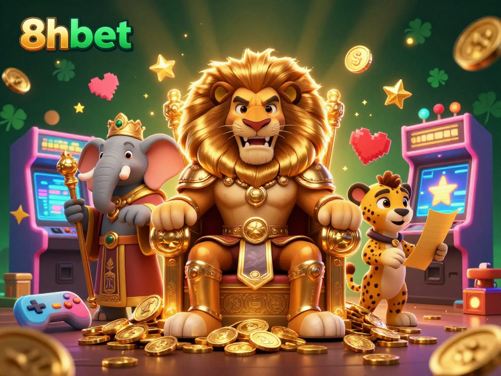 Experience the thrill of 8xbet with a regal lion king in a 3D casino scene surrounded by lively game elements.