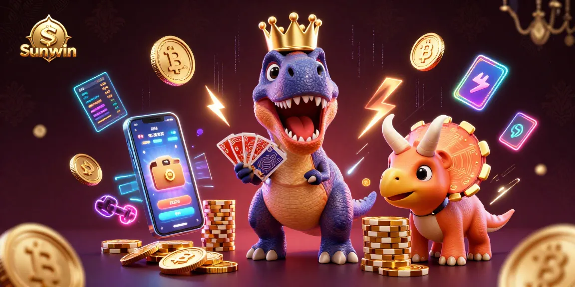 Engage with Sunwin's thrilling card games featuring a fun T-Rex and friends stacking chips!