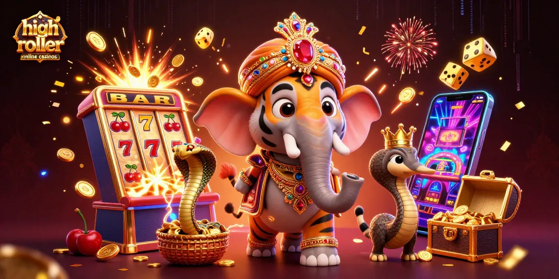 Experience high roller online casinos with a vibrant scene featuring a majestic maharaja, elephant, and dynamic gaming elements.