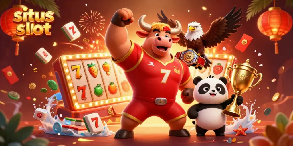 Engage with situs slot as a vibrant 3D illustration showcases a bull mascot, eagle, and panda amid casino elements.