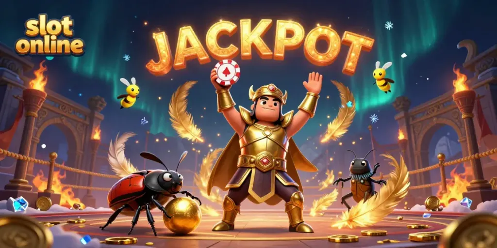 Spin and win with thrilling slot online adventures featuring a victorious beetle and jackpot celebration.
