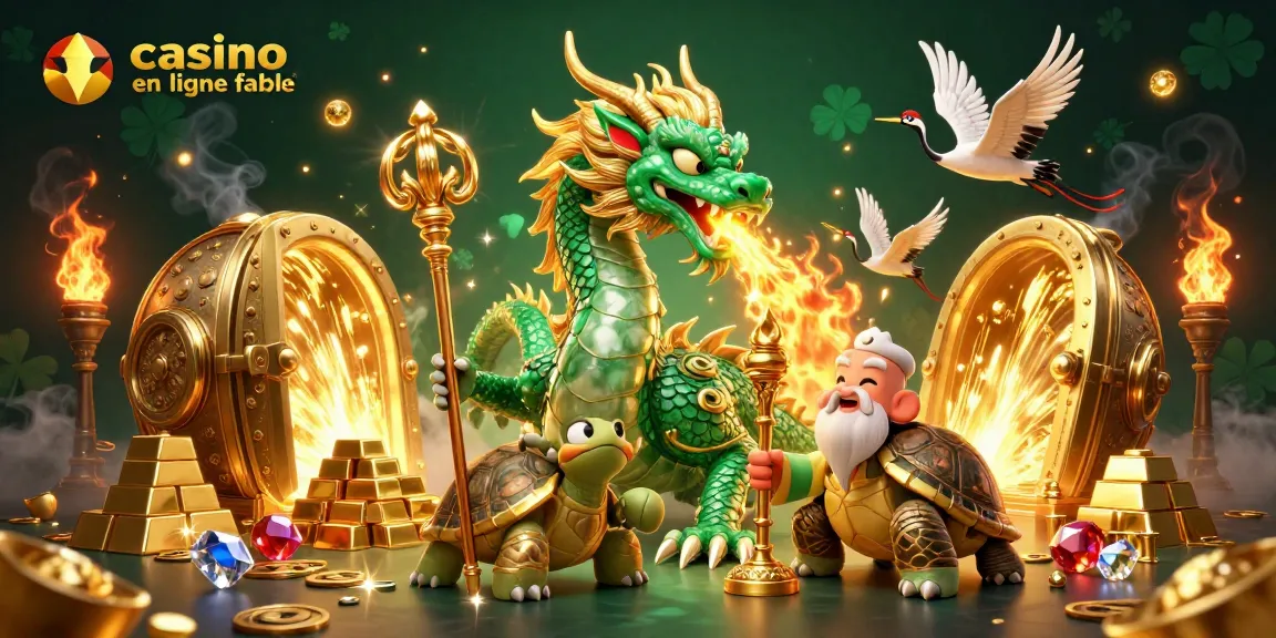 Gagnez avec un casino en ligne fiable : illustration d'une scène de jeu dynamique avec dragon, sage et grues porte-bonheur.