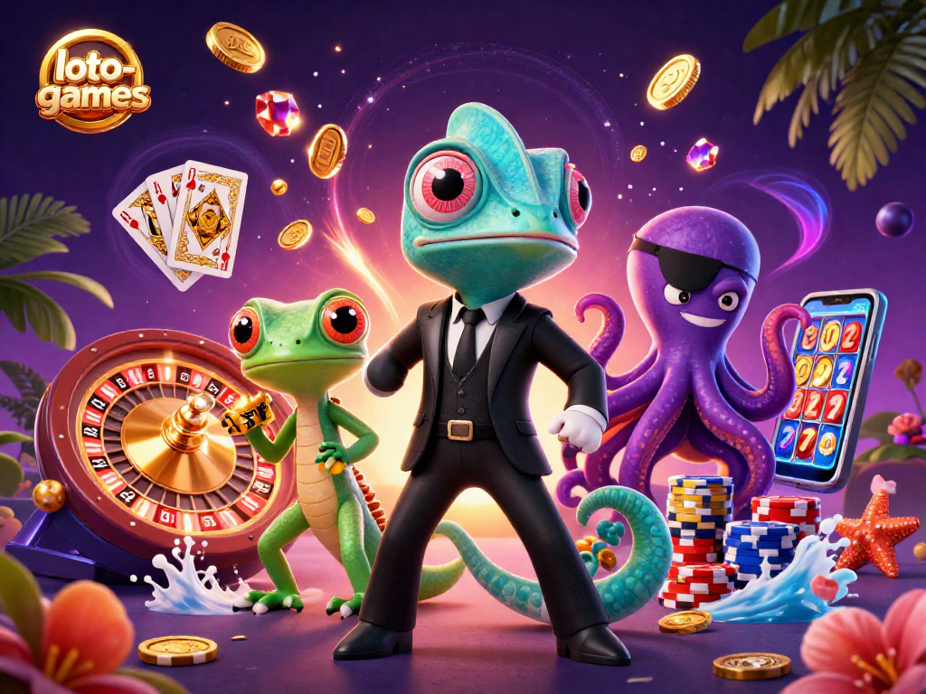 Loto-games invite thrilling gameplay with secret agent chameleon, gecko, and octopus in an engaging casino scene.