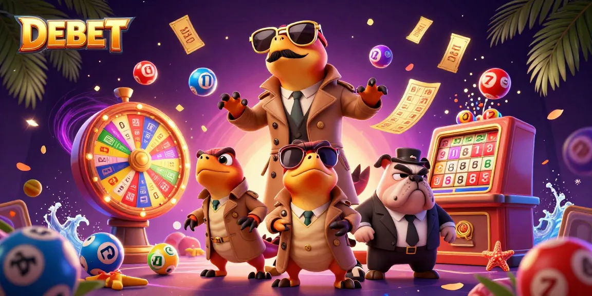 Join the excitement of DEBET in a vibrant casino scene featuring raptors and colorful game elements.