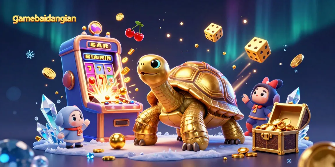 Experience the colorful gamebaidangian action with a lively 3D illustration featuring golden dice, slot machines, and animated characters.