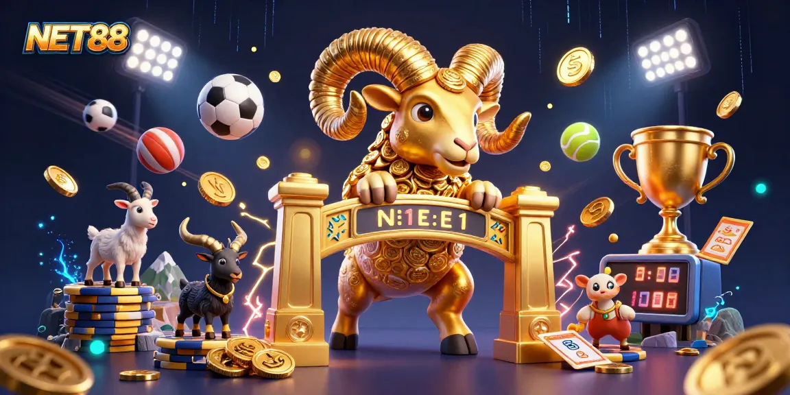 Experience NET88's exciting sports betting scene with a golden ram charging through sports elements.
