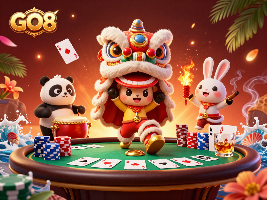 Experience the thrill at GO8 with a vibrant community of characters celebrating in a 3D casino scene.