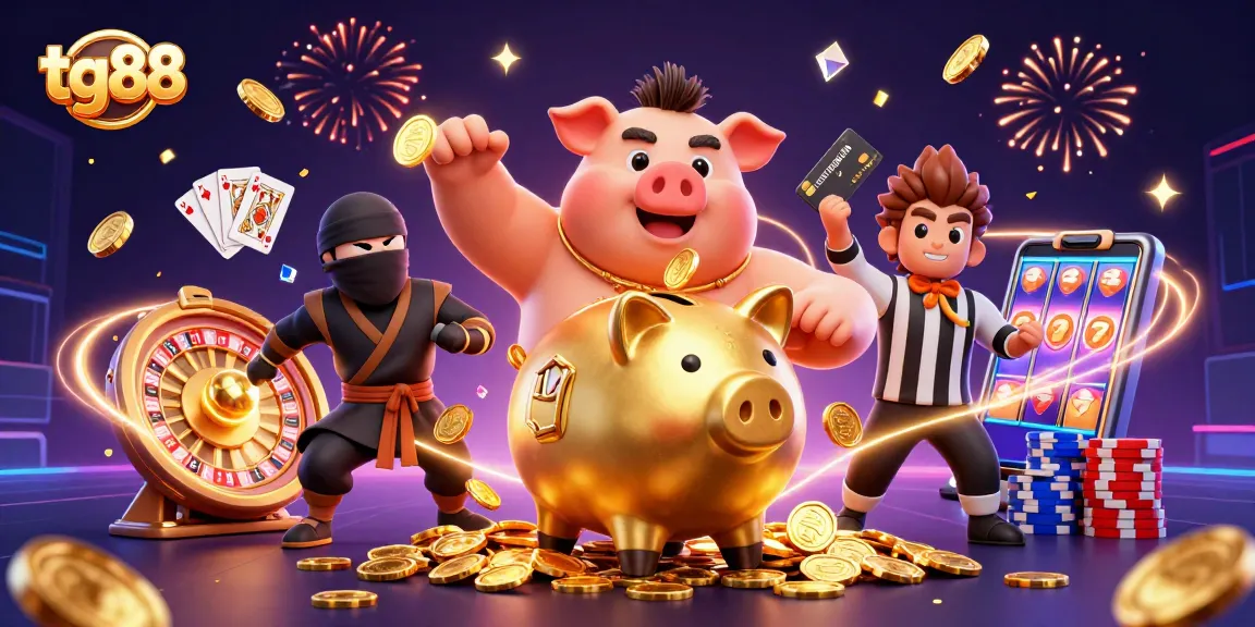 Experience thrilling casino action with tg88's dynamic characters, including a golden piggy bank sumo wrestler