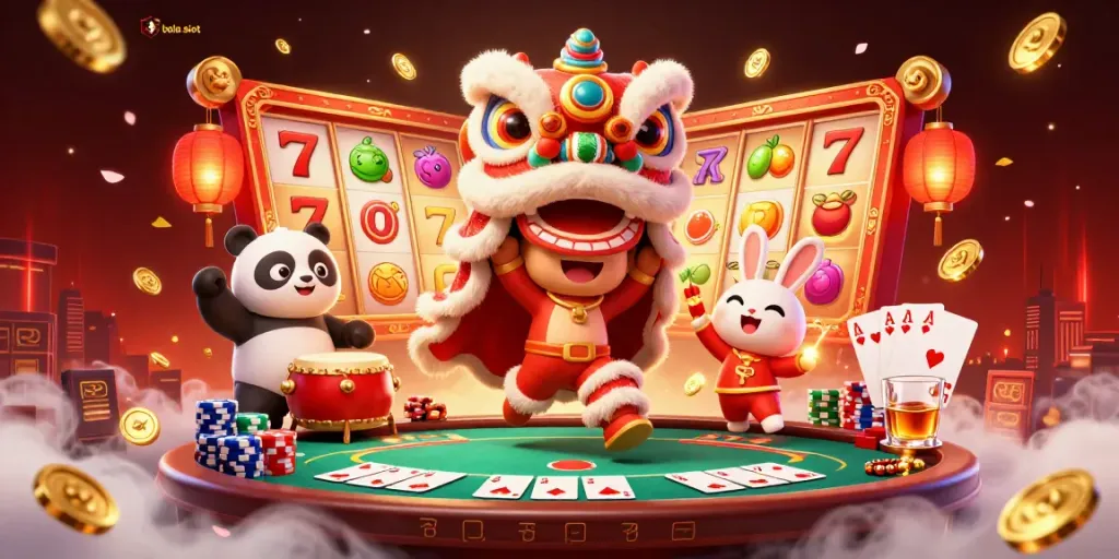 Experience the thrill of bola slot with dynamic characters and vibrant casino elements in this lively illustration.