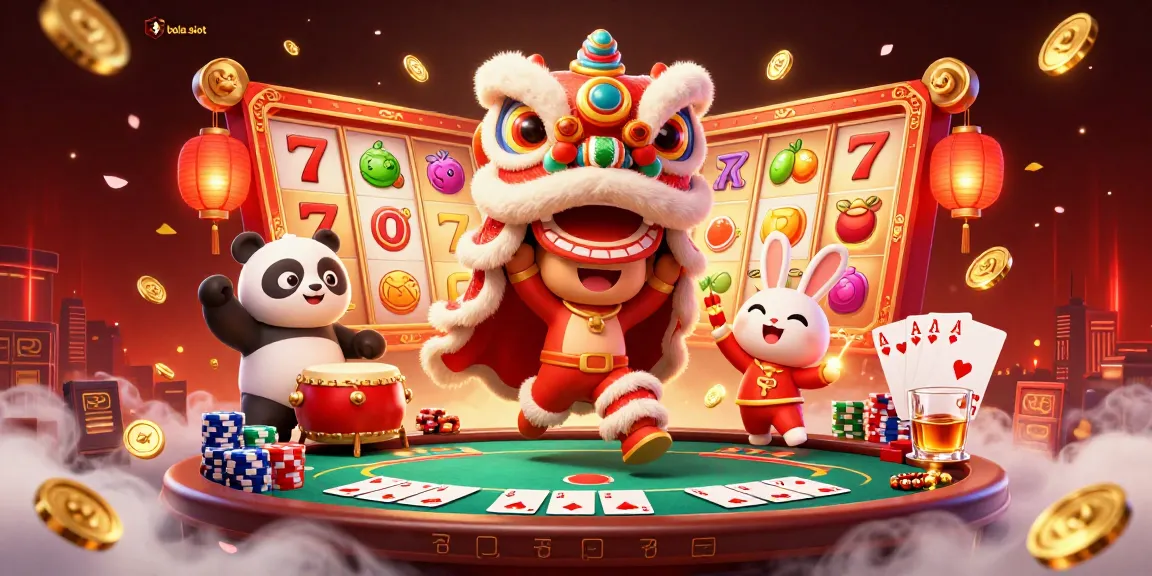 Experience the thrill of bola slot with dynamic characters and vibrant casino elements in this lively illustration.