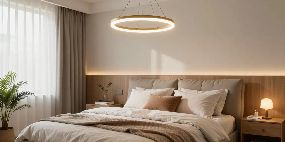 Lustra dormitor modernă suspendată deasupra unei paturi confortabile într-un decor elegant.