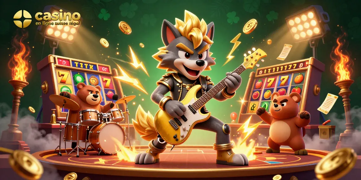Jouer à casino en ligne suisse légal avec un loup rock star sur scène entouré de symboles de jackpot.