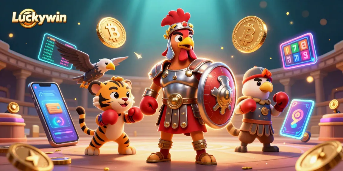 Engage in thrilling casino adventures with Luckywin's vibrant 3D illustration featuring iconic characters.