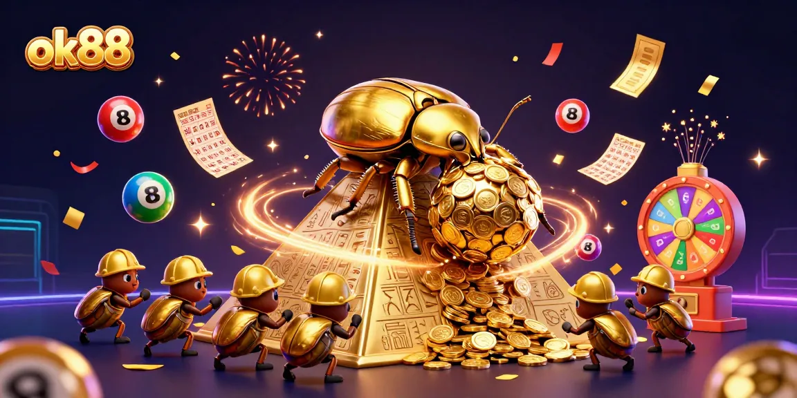 Engage with exciting games at ok88, featuring a golden beetle amidst casino symbols and vibrant lotteries.