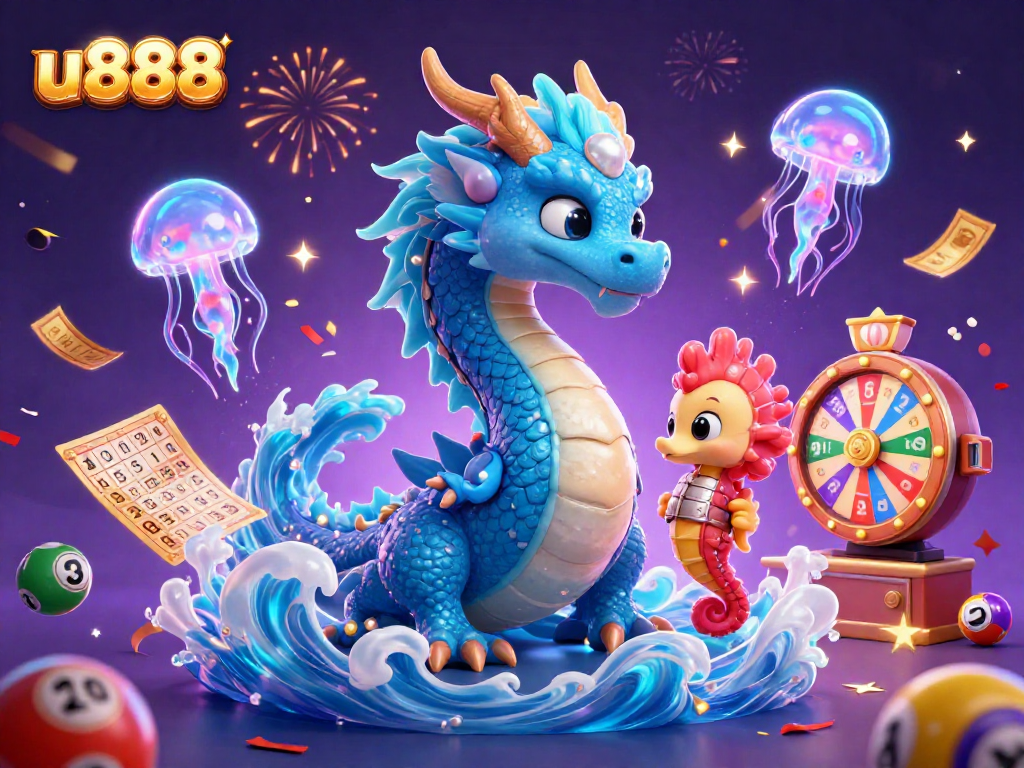 Win big at u888 with vibrant games and dynamic lottery elements in an exciting 3D illustration.