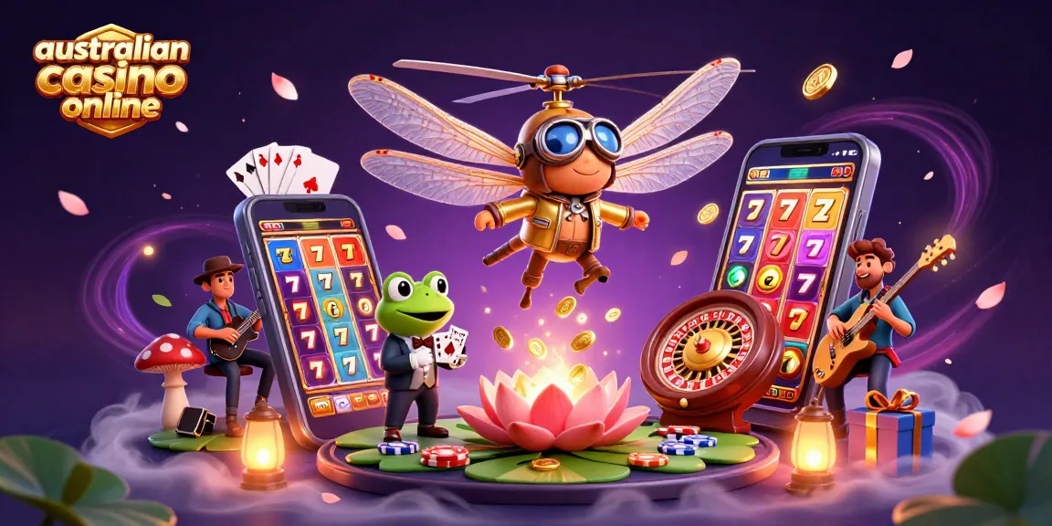 Experience the vibrant world of australian casino online with a dragonfly pilot, frog croupier, and jazz musicians.