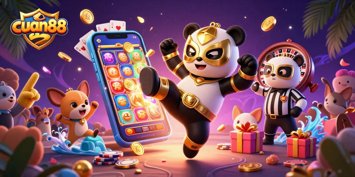Menangkan permainan di cuan88 saat panda petinju melakukan tendangan terbang dengan latar belakang kasino.