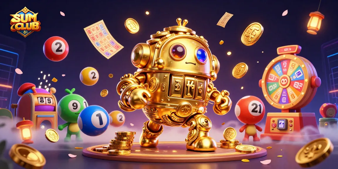 Play exciting games at SUMCLUB, featuring a golden golem surrounded by lottery balls, tickets, and vibrant prizes.