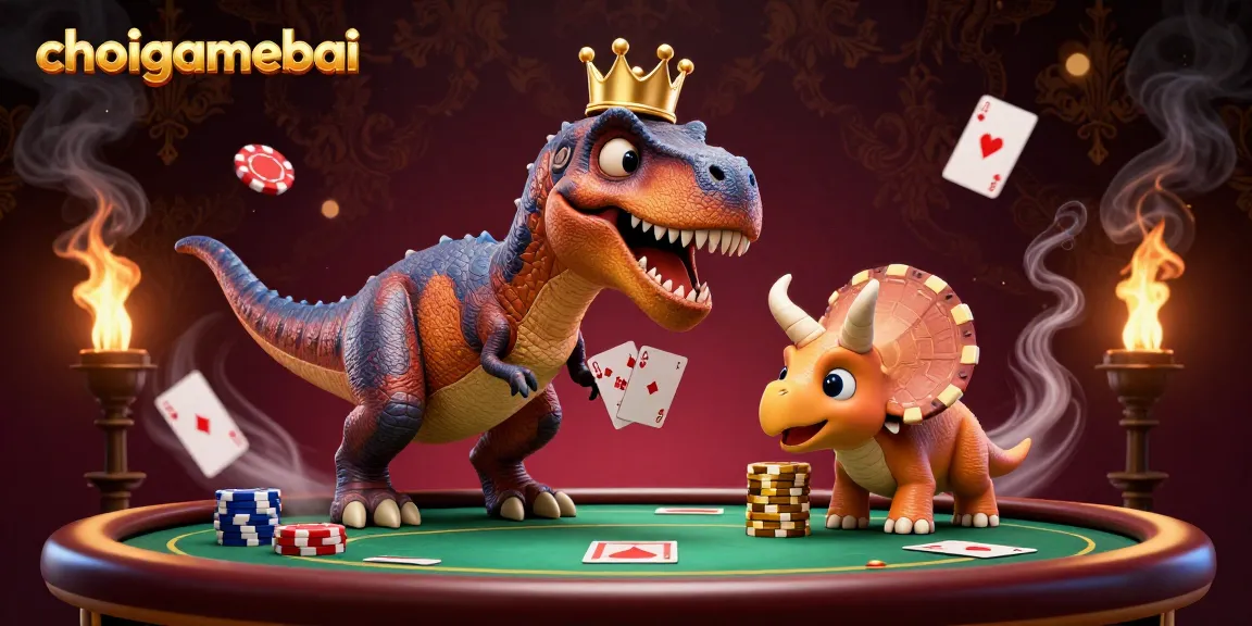 Engage in excitement with choigamebai as a T-Rex shuffles poker cards amidst action-packed elements and vibrant decor.