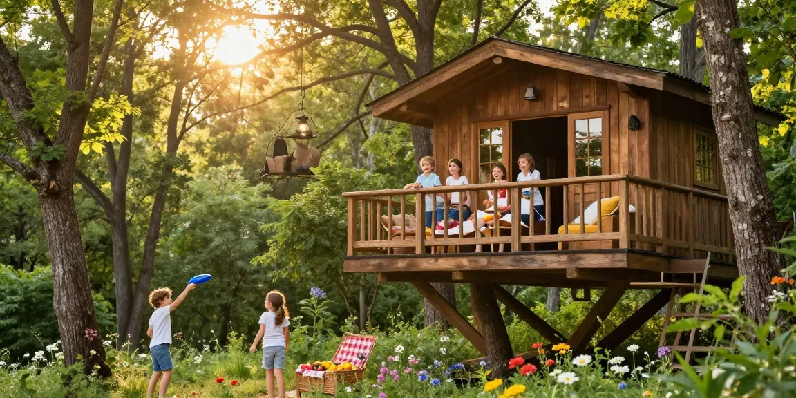 Family enjoying time in treehouses surrounded by nature during golden hour.
