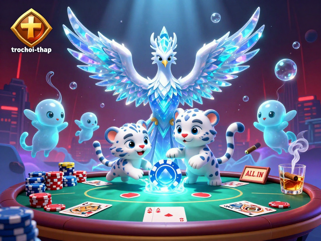 Engage in trochoi-thap with a vibrant scene of an ice phoenix and playful snow leopard at a dynamic poker table.