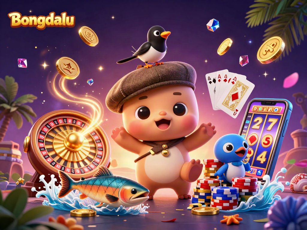Bongdalu showcases playful characters amid coins and casino elements, capturing the excitement of online gambling.