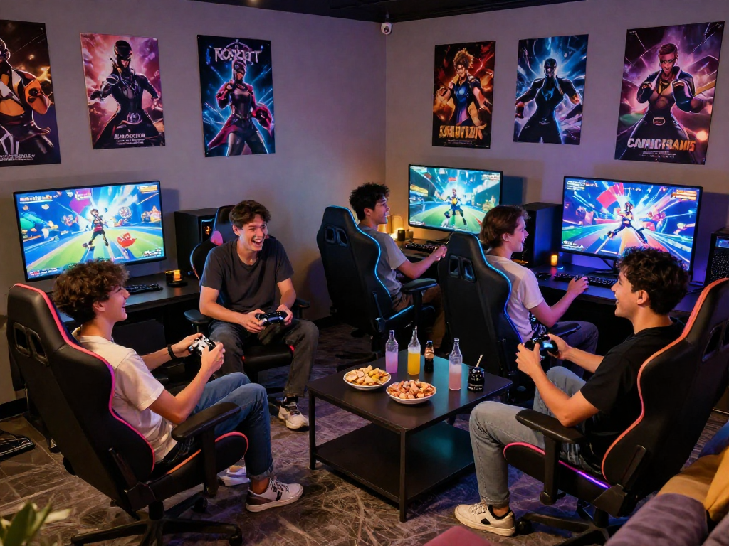 Friends enjoying a porn game night in a cozy lounge with snacks and controllers.