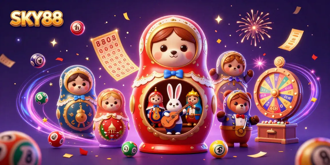 Engage in exciting games at SKY88 with vibrant illustrations of lottery elements and cheerful characters.