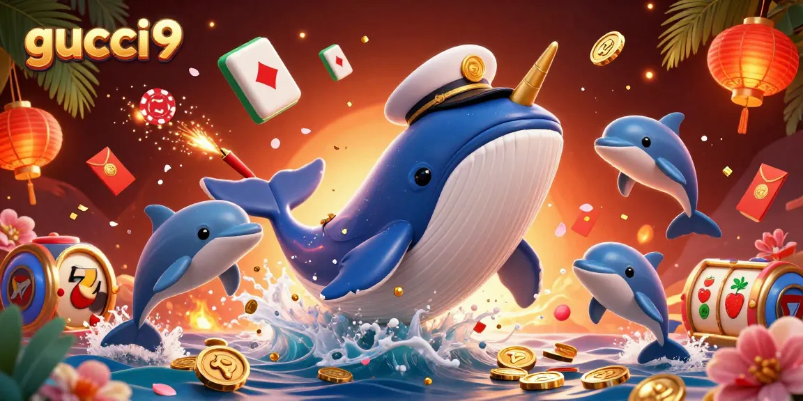 Play slots with gucci9 in this vibrant, playful 3D illustration featuring a whale and poker chips.