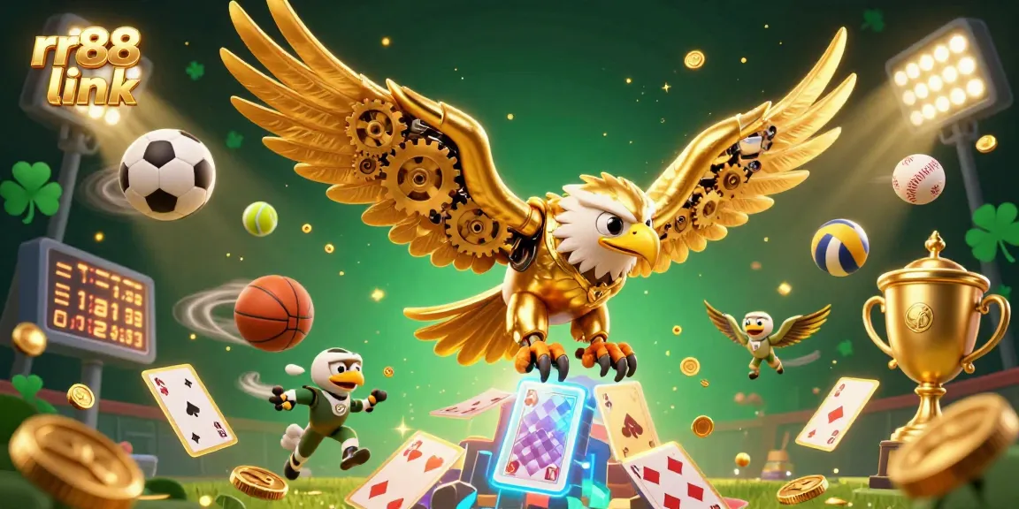 Engage with the thrilling rr88 link as the golden eagle dives through dynamic casino elements in an exciting 3D scene.