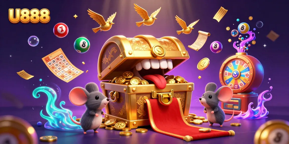 Win big with U888 in this lively casino scene full of colorful lottery elements and treasures.