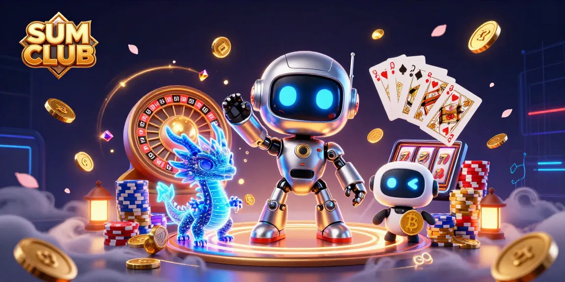 Engage with the exciting SUM CLUB experience in a vibrant 3D casino, showcasing thrilling gaming elements and characters.