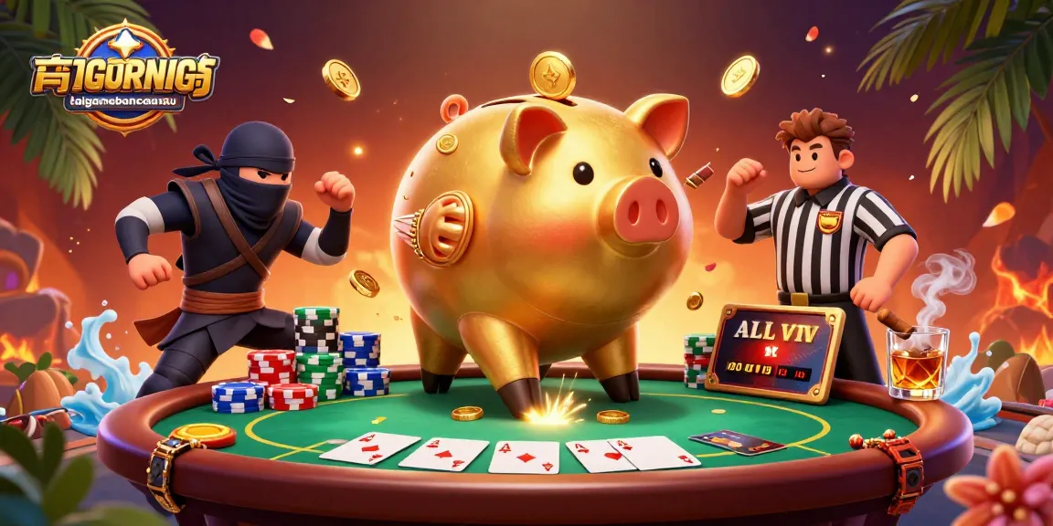 Join the taigamebancaanxu action with a piggy bank sumo wrestler in a dynamic poker scene filled with vibrant elements.