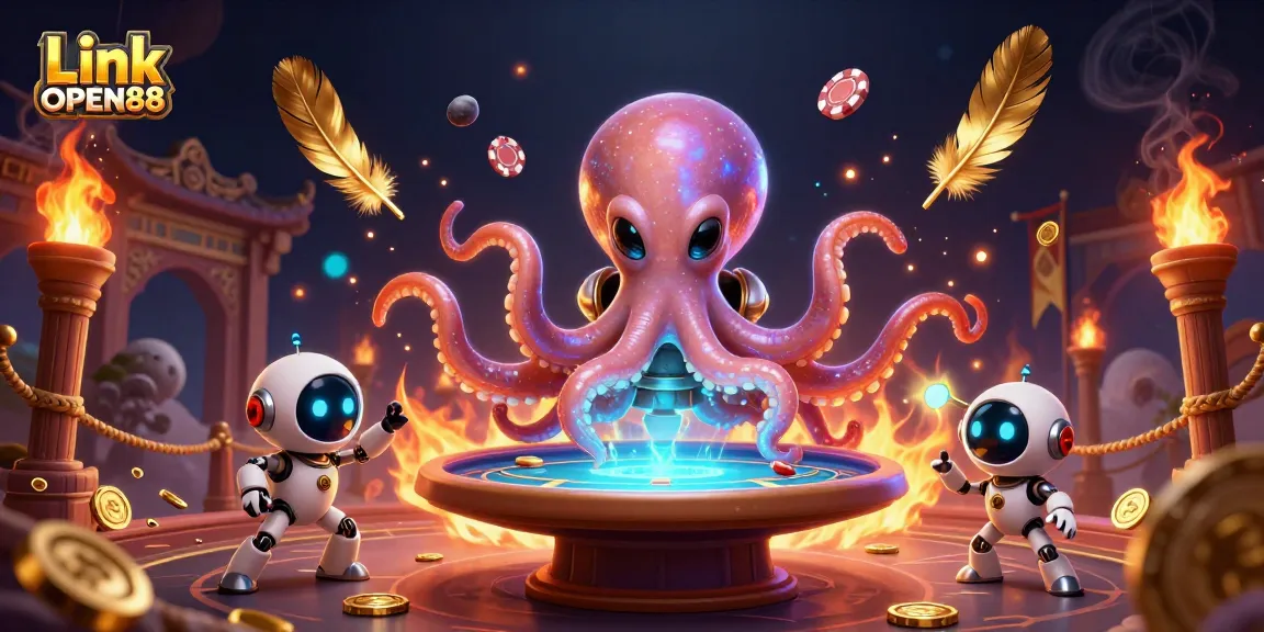Engage with Link OPEN88 at a colorful 3D alien-themed poker table surrounded by cosmic elements.
