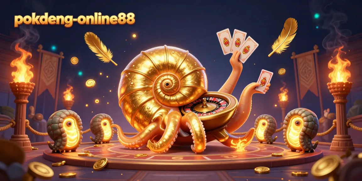 Experience the thrill of pokdeng-online88 with a vibrant 3D illustration featuring a giant nautilus as a roulette wheel.