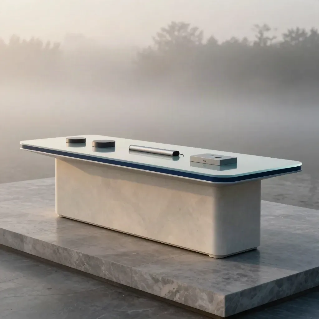 Frosted glass workspace console with three modules on pale stone in misty dawn light.